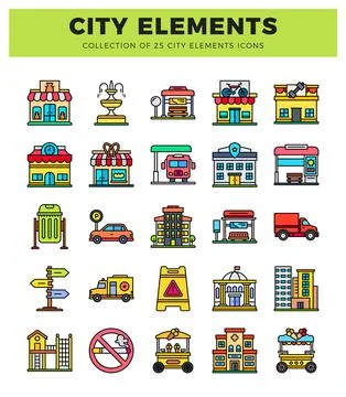 City elements icons on white background Stock Illustration