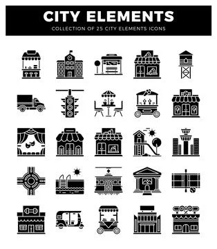 City elements icons on a white background 库存插图