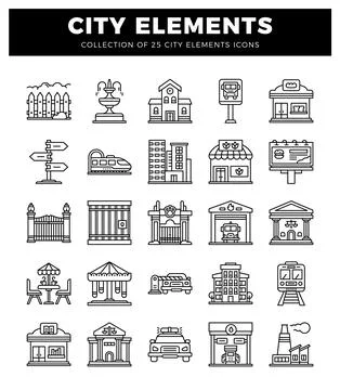 City elements icons on a white background. Linear graphics of buildings and.. 스톡 일러스트