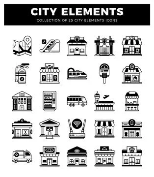 City elements icons on white background. Illustrazione stock