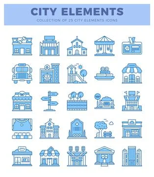 City elements icons on a white background. Illustrazione stock