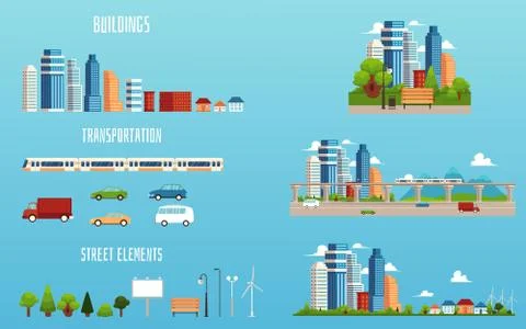 City elements - isolated cartoon set of buildings, transportation and cityscape イラスト素材