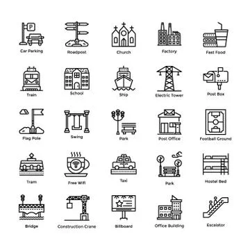 City Elements Line Icons Set Stock Illustration