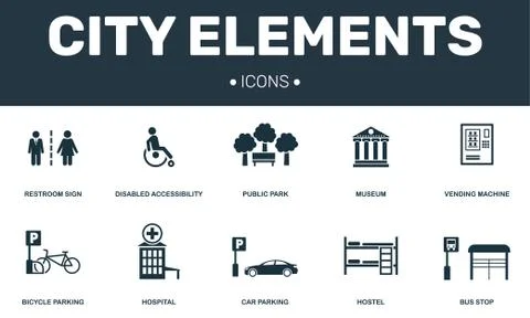 City elements set icons collection. Includes simple elements such as Restroom Ilustración de archivo