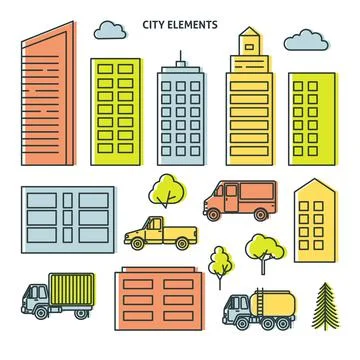 City elements set in thin line style Stock Illustration