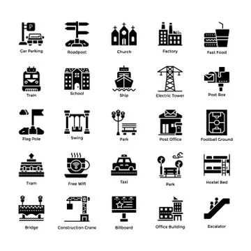 City Elements Solid Icons Set Stock Illustration