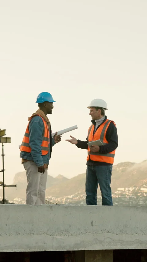 City, engineer and men with tablet, handshake or planning for property Stock Footage 340879848