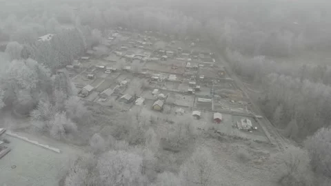 City Farm Foggy Winter Morning, Aerial Stock Footage