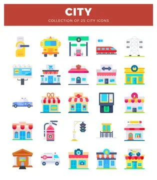 City flat icons representing various urban services and buildings. Flat des.. Ilustración de archivo