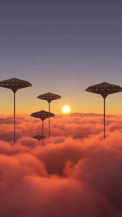 City of the future above the clouds. Front view of a sci-fi town Stock-Footage 283420691
