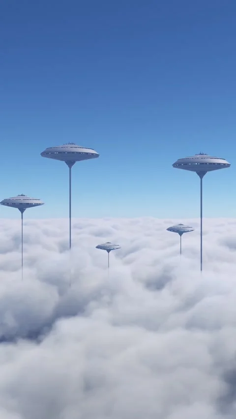 City of the future above the clouds. Front view of a sci-fi town Stock Footage 283420721