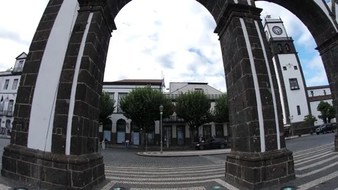City gates Ponta delgada downtown city center Azores portugal 4k Stock Footage