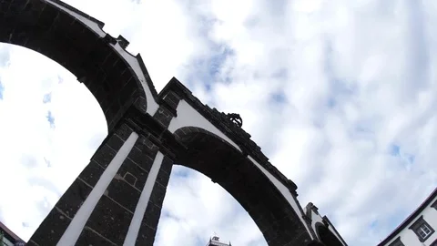 City gates Ponta delgada downtown city center Azores portugal 4k Stock Footage