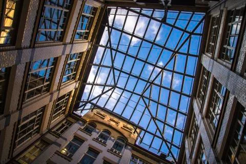 City geometry, a view from the inside to the sky from the yard. Four closing Stock Photos