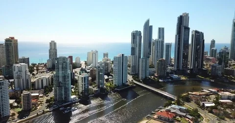 City of Gold Coast aerial panorama from Chevron Island, Australia Stock Footage