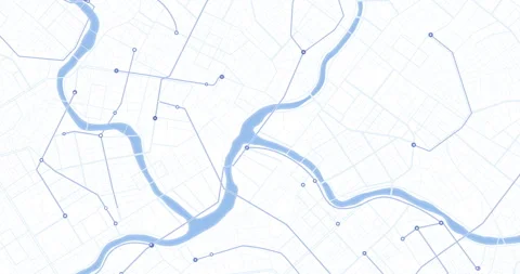 City grid map with river and extending route lines for logistics visualization Stock Footage 333899914