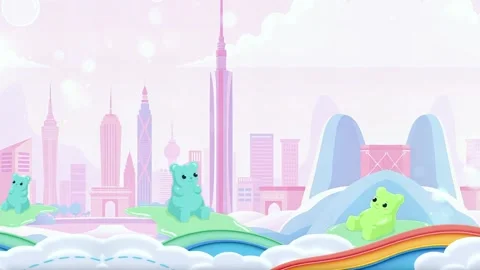City Gummy Bears View with Clouds for Cartoon Animation Design Stock-Footage 304717237