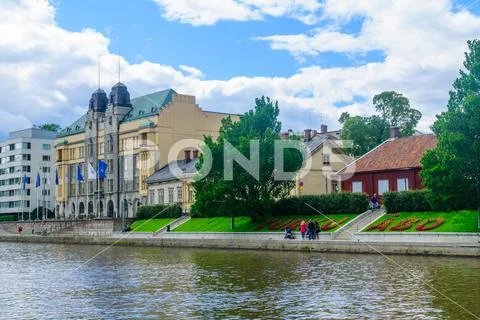 City hall and the Aura river, in Turku Stock Photos