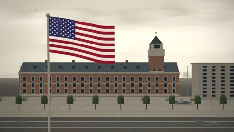 City Hall Clock Tower United States Flag seamless loop Vídeos de archivo 344778934