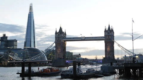 City Hall, Tower Bridge, London England UK United Kingdom Thames River, Shard Stock Footage