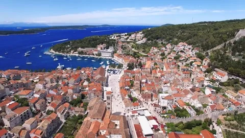 City of Hvar with the main square aerial Stock Footage 312688053
