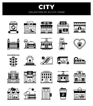 City icon elements in a grid layout. イラスト素材