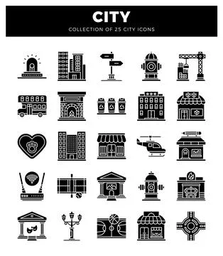City icon elements including buildings. transport. and services. Stock Illustration