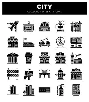 City icon set airplane. train. building. and more Stock Illustration
