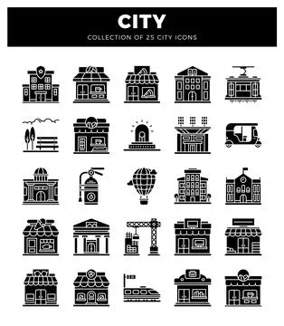 City icon set featuring diverse urban buildings. transportation. and servic.. Ilustración de archivo