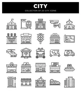 City icons collection with architectural elements and transportation in a w.. 스톡 일러스트