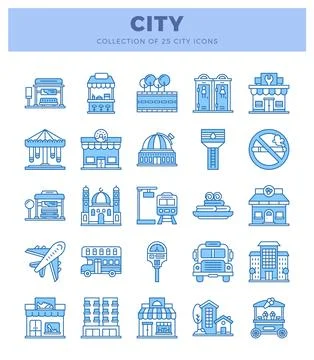 City icons collection featuring architectural and transportation elements o.. Stock Illustration