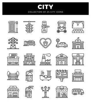 City icons featuring urban elements in simple line art.  Line drawings of v.. 스톡 일러스트