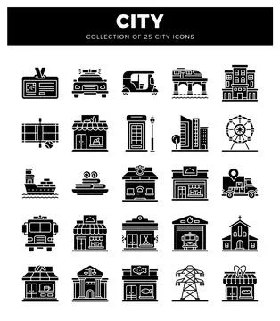 City icons featuring urban elements like police car. train. and buildings o.. Stock Illustration