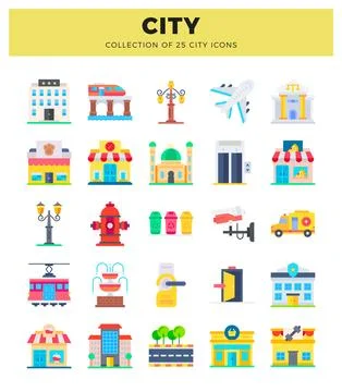 City icons. flat vector illustrations. City icons buildings. transport. ame.. 스톡 일러스트