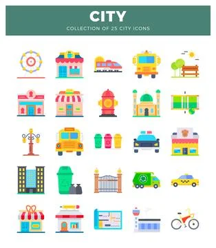 City icons in a grid display Ilustración de archivo