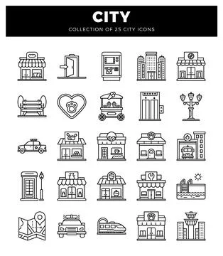 City icons in a grid layout. showing buildings. vehicles. and services. Stock Illustration