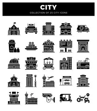 City icons in a grid layout with various urban and public service elements. Stock Illustration