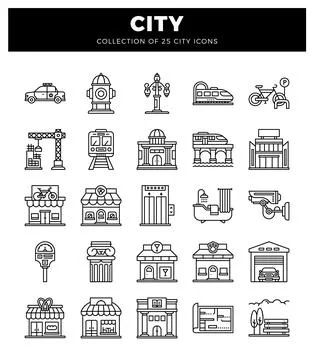 City icons in linear style. including transport. buildings. and services Ilustración de archivo