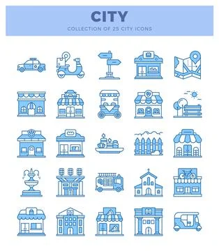 City icons presented in a grid layout with a blue line art style.  Building.. Ilustración de archivo