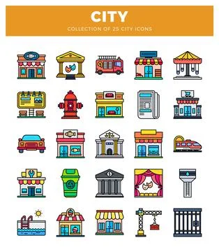 City icons. simple flat design. Buildings. vehicles. and amenities in a gri.. Ilustración de archivo