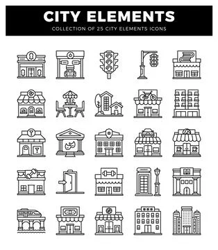 City icons urban elements featuring buildings and traffic infrastructure. Stock Illustration