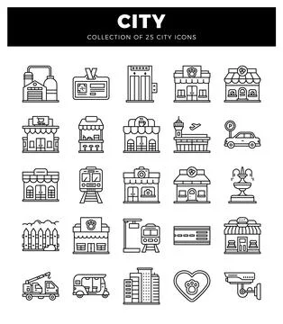 City icons on white background. linear vector art Stock Illustration