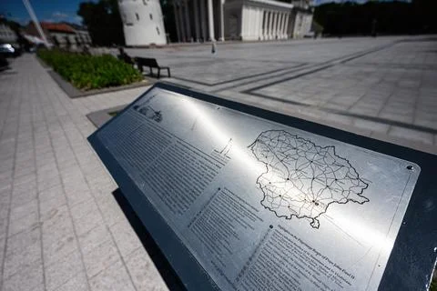 City information plaque with map of Lithuania at Cathedral Square in Vilniu.. Stock Photos