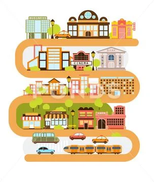 City Infrastructure And All The Urban Buildings Lined With The Curved Orange Stock Illustration
