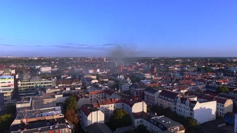 City infrastructure arson attack with smoke plume. Great aerial view drone Stock-Footage 345937537