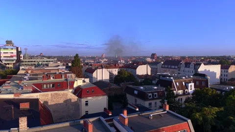 City infrastructure arson attack with smoke plume. Magic aerial view drone Stock-Footage 345937768