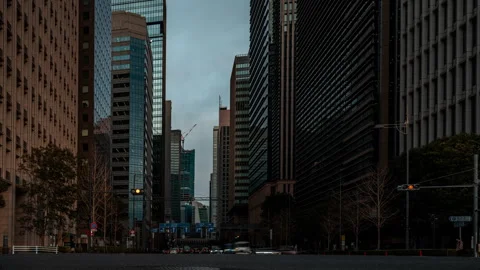 A city intersection between skyscrapers with heavy traffic, Tokyo, timelapse Stock Footage 305509517