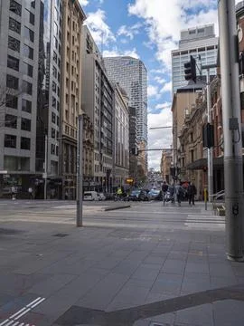 City intersection featuring diverse building styles Stock Photos