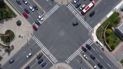 City intersection top down view of cars, public transit buses and traffic; Stock Footage 221759302