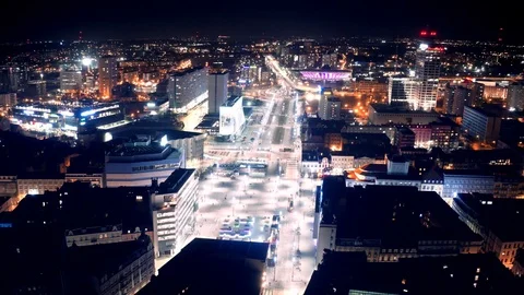 The city of Katowice at night from a drone. Hyperlapse Video stock 127513299